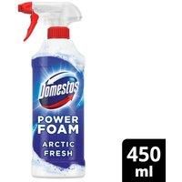 Domestos Power Foam Arctic Fresh Toilet & Bathroom Cleaner Spray sprays upside down & eliminates 99.99% of germs for cleaning inside the toilet & around bathroom 450 ml