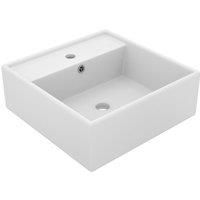 vidaXL Luxury Square Ceramic Washbasin, Matt White Finish, 41x41cm, Overflow Feature, 3.5cm Faucet Hole, Above Counter or Wall-Hung Installation