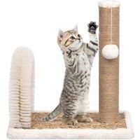 vidaXL Compact Cat Tree with Arch Grooming Brush, Scratch Post & Hanging Ball - Seagrass & Flakeboard Built - Brown & White