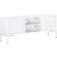 vidaXL TV Cabinet - Solid Mango Wood and Steel Frame, White Finish – Versatile Media Unit with 2 Shelves and 2 Doors, Industrial-Style for Living Room/Bedroom