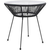 vidaXL Garden Dining Table, Black, Round, Rattan Look, Tempered Glass Top, Powder-Coated Steel Frame, Ø70x74 cm