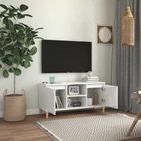 vidaXL Scandinavian Style TV Cabinet with Solid Eucalyptus Wood Legs and High Gloss Finish - White, 103.5x35x50cm with Ample Storage