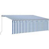 vidaXL Manual Retractable Awning with Blind&LED Outdoor Living Door Awning Folding Arm Patio Garden Awning Manual Retractable 4.5x3m Blue&White