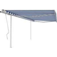 vidaXL Manual Retractable Patio Awning with Posts 4.5x3m - Blue and White - Durable Aluminium and Iron Frame - Water and UV-Resistant Fabric Cover