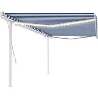 vidaXL Manual Retractable Awning Folding Arm Manual Retractable Awning Outdoor Sunshade Patio Garden with LED 5x3 m Blue and White