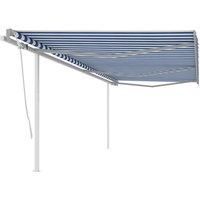 vidaXL Manual Retractable Awning 6x3 m with Posts, UV-Resistant and Water-Resistant Polyester Fabric, Rust-Resistant Aluminium Frame, Adjustable Height and Angle, Blue and White Outdoor Sunshade