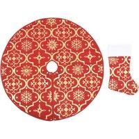 "vidaXL Luxury Christmas Tree Skirt with Sock - Red Fabric, Snow Pattern, Easy Fold, 122 cm Durable Polyester"