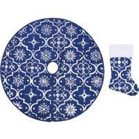 vidaXL Luxury Christmas Tree Skirt with Matching Sock in Blue Fabric - 122 cm Diameter, Snow Patterned Tree Stand & Skirt Festive Ornament