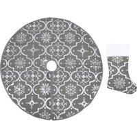 "vidaXL Luxury Christmas Tree Skirt with Matching Sock, Festive Snow Pattern Design, Grey, 90cm Diameter, 100% Polyester Fabric, Easy-to-Fold and Store"