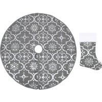 vidaXL Luxury Grey Fabric Christmas Tree Skirt with Matching Sock, 122 cm Diameter - Durable and Reusable Festive Tree Base Cover with Snow Pattern