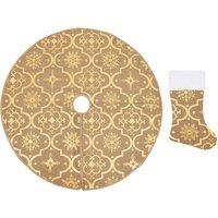vidaXL Luxury Yellow Christmas Tree Skirt with Matching Sock - 150 cm Diameter Polyester Fabric with Snow Pattern