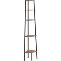 vidaXL 5-Tier Steel Corner Shelf Unit with Engineered Wood - Dark Brown and Black - Freestanding Design for Home or Office.