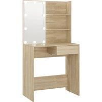 vidaXL Engineered Wood Dressing Table in Sonoma Oak with LED Lights, Storage Drawer and Shelves, Wall Attachment for Safety - Modern Style for Bedroom