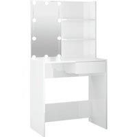vidaXL Asymmetrical Dressing Table with LED Lighting - High Gloss White finish - Engineered Wood Vanity Makeup Table with Drawer and Open Shelves - Bedroom Furniture