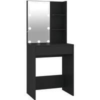 vidaXL Black Dressing Table Featuring LED Lights and Smooth Engineered Wood Surface, Storage Shelves and Drawer Included, Modern Asymmetric Design, Ideal for Bedrooms