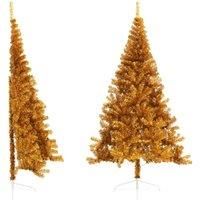 vidaXL Gold Color Artificial Half Christmas Tree 210 cm - PVC Material with 605 branches and Steel Stand - For Indoor and Holiday Decor