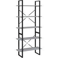 vidaXL - 5-Tier Book Cabinet in Grey Sonoma - Engineered Wood and Metal - Bookcase/Display Shelf for Living Room or Office - Ample Storage Space - Requires Wall Attachment