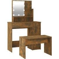 vidaXL Dressing Table Set with LED Light - Smoked Oak Engineered Wood - With Mirror and Storage Stool - Modern Design for Bedroom or Cloakroom
