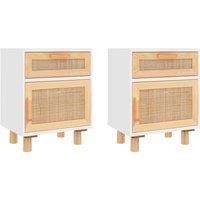 Bedside Cabinets 2 pcs White Solid Wood Pine and Natural Rattan