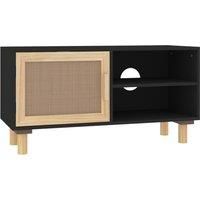 vidaXL Black TV Cabinet - Solid Wood Pine and Natural Rattan, Spacious Storage, Elegant Design, Ideal for Living Room and Office