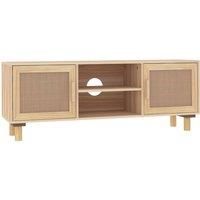 vidaXL TV Cabinet in Brown with Four Compartments, Engineered Wood, Solid Pinewood and Natural Rattan finish, Scandinavian Design for Living Room - 105x30x40cm