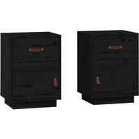 vidaXL Solid Wood Pine Bedside Cabinets - 2-piece Set, Black, Ample Storage with Drawer and Compartment, Faux Leather Handled, Easy-to-Assemble, 40x34x55 cm, Farmhouse Style Bedroom Furniture