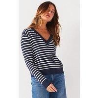 Tommy Jeans Essential Stripe V Neck Jumper - Navy