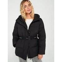 Calvin Klein Women’s Short Puffer Jacket with Logo Belt, Black (Ck Black), L
