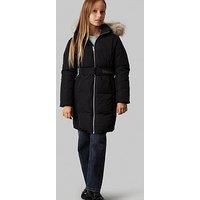 Calvin Klein Jeans Girls Classic Belted Faux Fur Long Jacket - Black