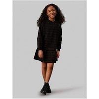 Calvin Klein Jeans Girls Logo All Over Print Fleece Long Sleeve Dress - Black