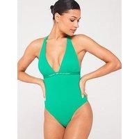 Tommy Hilfiger Tonal Logo Halter Neck Swimsuit - Green