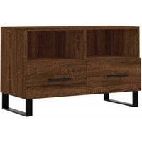 vidaXL Engineered Wood TV Cabinet - Brown Oak Finish, Iron Legs, 2 Drawers 2 Compartment Storage, 80x36x50 cm, Modern Style