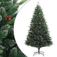 vidaXL Hinged Christmas Tree 180 cm with Red Berry Decorations, Lifelike Artificial Xmas Tree with Sturdy Metal Stand - Green, PVC and PE Construction