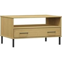 vidaXL Coffee Table with Metal Legs, Brown Solid Wood, Storage Compartment & Drawer, Sturdy Tabletop, Easy Assembly. Perfect for Living Room - OSLO Range