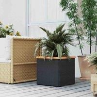 vidaXL Black Poly Rattan Planter Raised Bed - Powder-Coated Steel Frame/Solid Acacia Wood Accents - Versatile Square Flower Pot/Garden Container for Outdoor/Indoor Space - 40x40x40cm