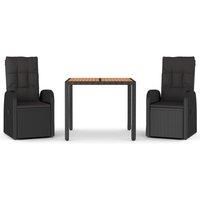 vidaXL 3 Piece Garden Dining Set - Black Poly Rattan & Solid Acacia Wood - Modern Outdoor Patio Set with Reclining Function & Padded Cushions