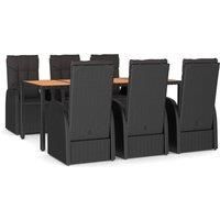 vidaXL Garden Dining Set - 7 Piece Black Poly Rattan and Solid Acacia Wood Table - Reclining Function and Padded Cushions - Outdoor Patio Furniture for Garden and Deck
