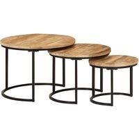 vidaXL Nesting Tables Set of 3, Solid Rough Mango Wood - Versatile for Living Room, Bedroom & Office, Stable Tabletop, Unique Wood Grains, Easy Assembly, Black Frame & Brown Finish