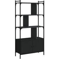 vidaXL Bookcase with Doors - Industrial Style Engineered Wood & Steel Bookshelf - Black - Zigzag Shelves Design - Ample Storage Space - For Living Room, Office, Study Area