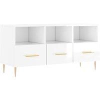 vidaXL TV Cabinet in High-Gloss White Engineered Wood - Modern Storage Unit with Deep Drawers & Shelves - Iron-Legged Entertainment Stand