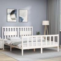 vidaXL King Size Wooden Bed Frame Base with Headboard - White Solid Pine Wood Bedroom Furniture with Plywood Slats