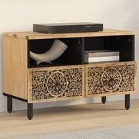 vidaXL Solid Mango Wood Media Console/TV Stand – Brown Retro Style with Iron Legs, Hand-Carved Patterns, Spacious Storage – 70x33x46 cm for Living Room