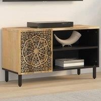 vidaXL Solid Mango Wood TV Stand/Media Unit 80x31x46 cm - Retro Style Cabinet with Iron Legs, Hand-Carved Details, and Storage Space