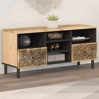vidaXL TV Cabinet - Solid Mango Wood Media Unit with Iron Legs, Roomy Storage, Hand-Carved Detail, Retro Style - 100x33x46 cm