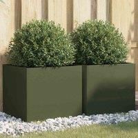 vidaXL Olive Green Planters - Cold-rolled Steel Outdoor/Indoor Garden Rectangular Plant Boxes 42x40x39 cm, Set of 2