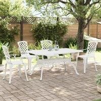vidaXL 5-Piece White Cast Aluminium Garden Dining Set with Umbrella Hole – Rectangle Table & Ergonomic Chairs for Patio/Backyard