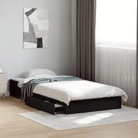 vidaXL Modern Black Single Engineered Wood Bed Frame with Drawers - 90x190 cm Bedroom Furniture with Built-In Storage and Plywood Slats