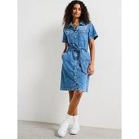 Tommy Hilfiger Women’s Short Sleeve Belted Ali Knee Length Denim Dress, Blue (Ali), 8