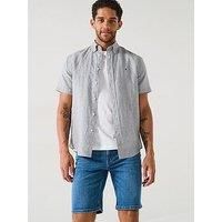 Tommy Hilfiger Regular Fit Cotton Linen Essential Stripe Short Sleeve Shirt - White/Black
