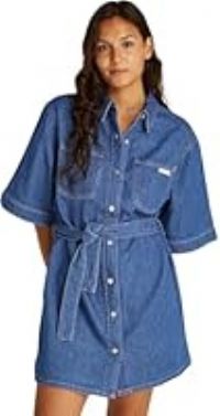 Calvin Klein Women’s Linen Denim Boxy Belted Shirt Dress, Blue (Denim Medium), 3XL